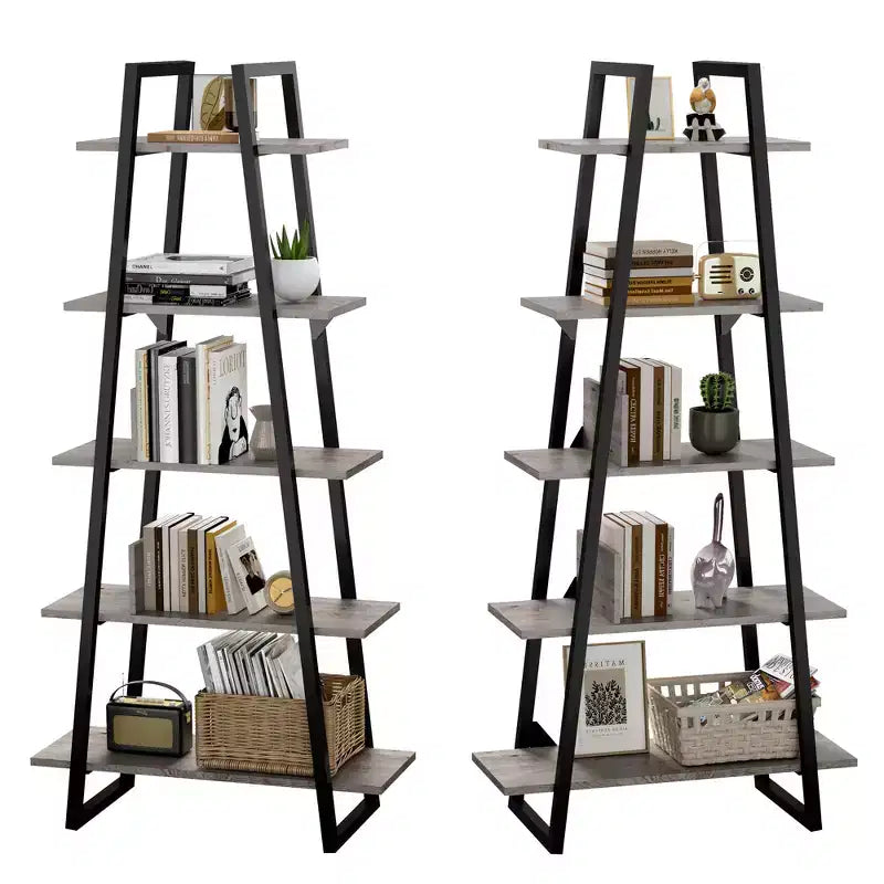 5-Tier Ladder Bookshelf with Metal Support, Tall Rustic Open Etagere Bookcase for Living Room, Office & Kitchen