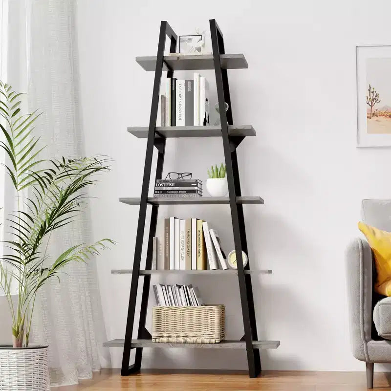 5-Tier Ladder Bookshelf with Metal Support, Tall Rustic Open Etagere Bookcase for Living Room, Office & Kitchen