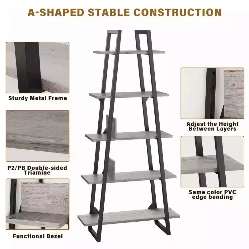 5-Tier Ladder Bookshelf with Metal Support, Tall Rustic Open Etagere Bookcase for Living Room, Office & Kitchen