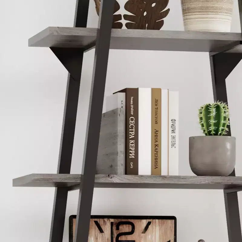 5-Tier Ladder Bookshelf with Metal Support, Tall Rustic Open Etagere Bookcase for Living Room, Office & Kitchen