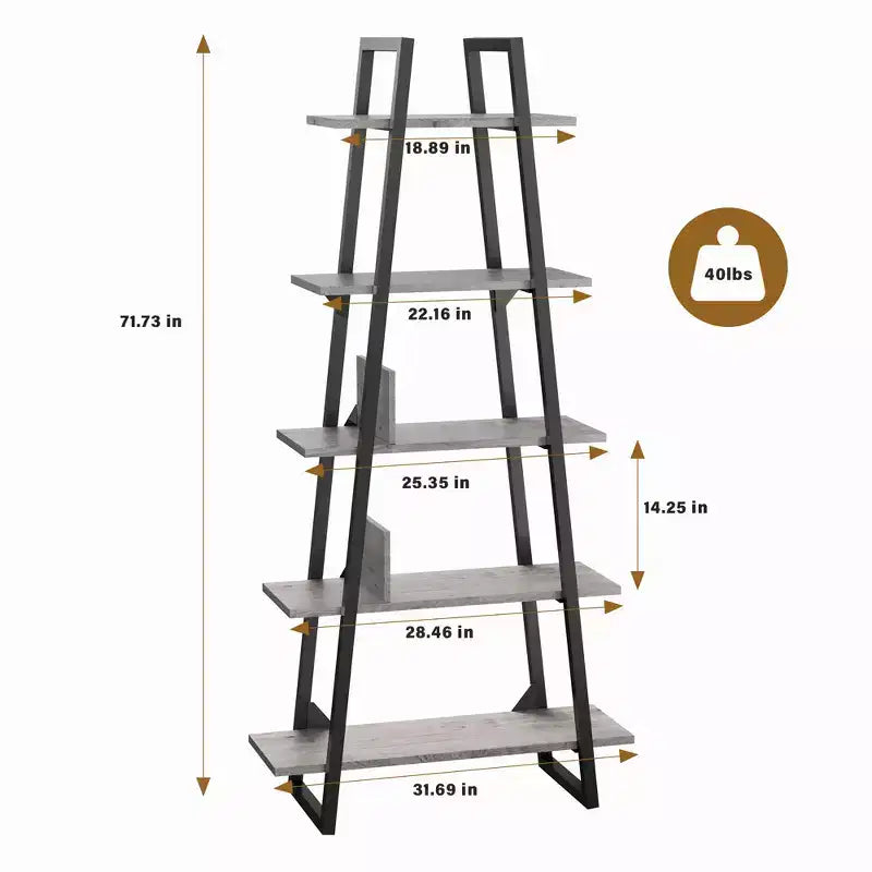 5-Tier Ladder Bookshelf with Metal Support, Tall Rustic Open Etagere Bookcase for Living Room, Office & Kitchen