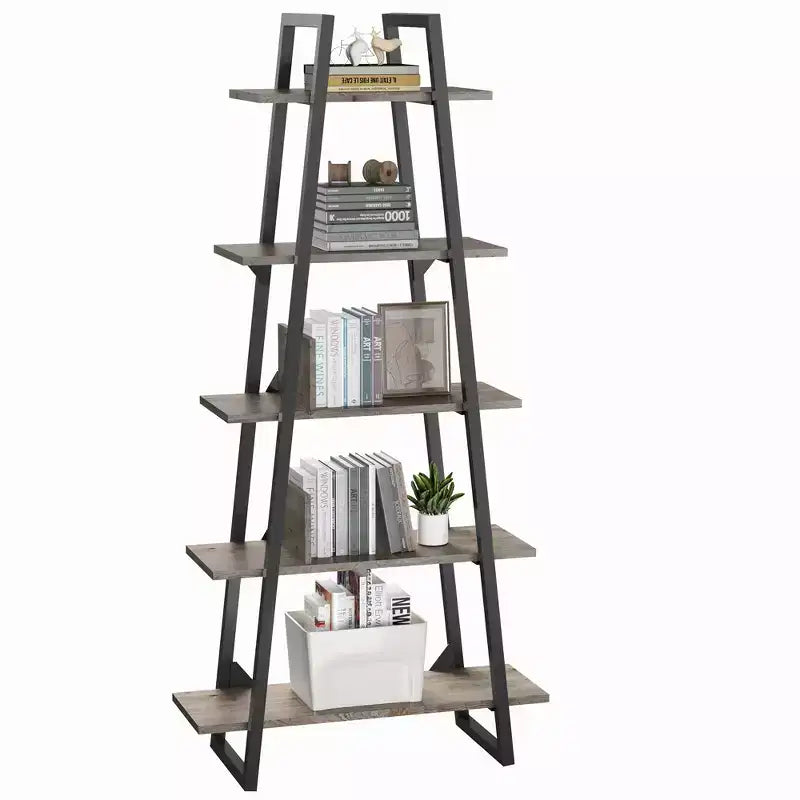 5-Tier Ladder Bookshelf with Metal Support, Tall Rustic Open Etagere Bookcase for Living Room, Office & Kitchen