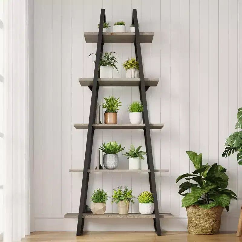 5-Tier Ladder Bookshelf with Metal Support, Tall Rustic Open Etagere Bookcase for Living Room, Office & Kitchen