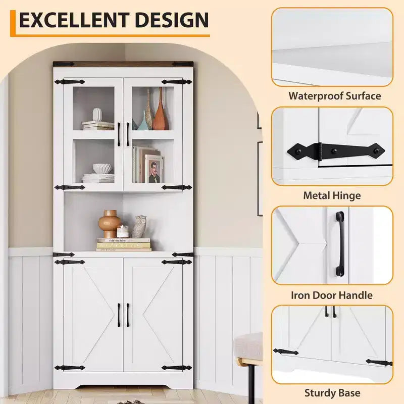 Meuble d'angle de 170 cm de haut avec porte vitrée, armoire d'angle autoportante en bois avec étagères réglables, design peu encombrant, pour salle de bain