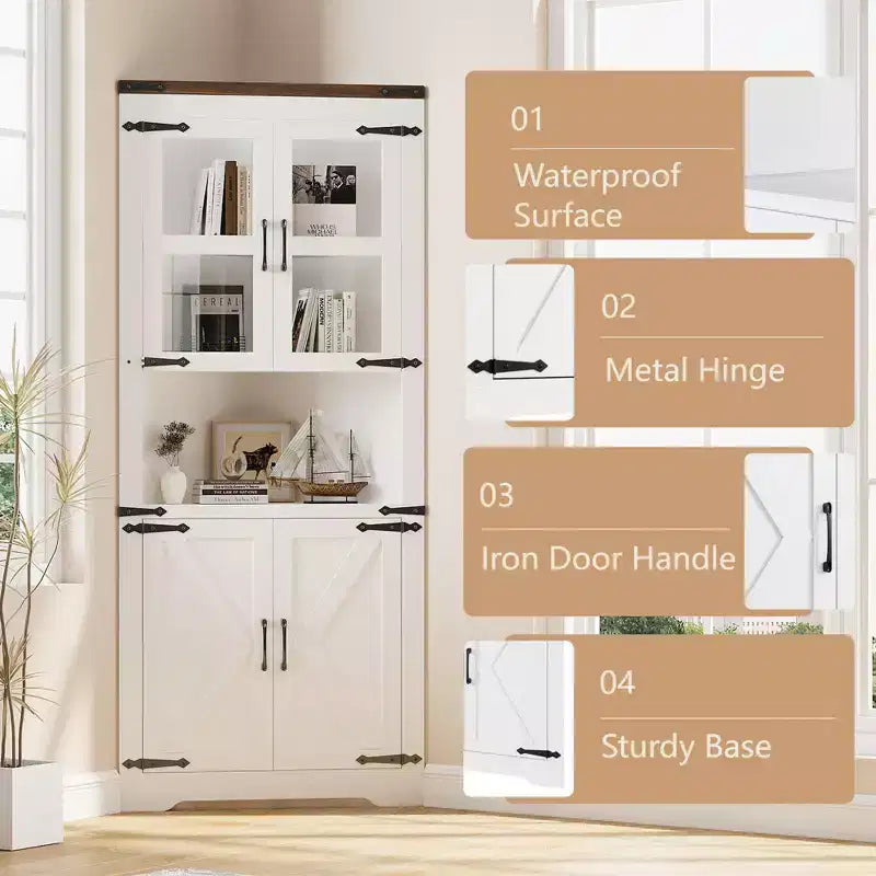 Meuble d'angle de 170 cm de haut avec porte vitrée, armoire d'angle autoportante en bois avec étagères réglables, design peu encombrant, pour salle de bain