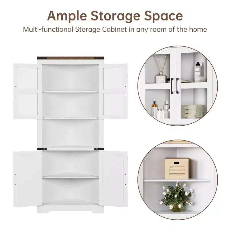 Meuble d'angle de 170 cm de haut avec porte vitrée, armoire d'angle autoportante en bois avec étagères réglables, design peu encombrant, pour salle de bain