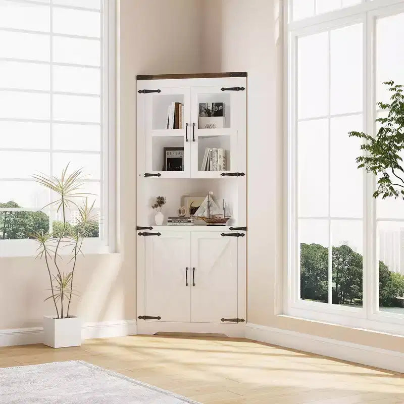 Meuble d'angle de 170 cm de haut avec porte vitrée, armoire d'angle autoportante en bois avec étagères réglables, design peu encombrant, pour salle de bain