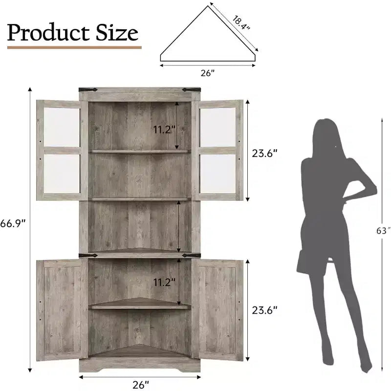 Meuble d'angle de 170 cm de haut avec porte vitrée, armoire d'angle autoportante en bois avec étagères réglables, design peu encombrant, pour salle de bain