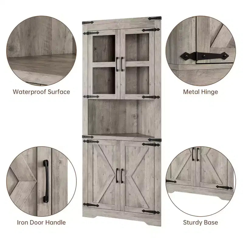 Meuble d'angle de 170 cm de haut avec porte vitrée, armoire d'angle autoportante en bois avec étagères réglables, design peu encombrant, pour salle de bain