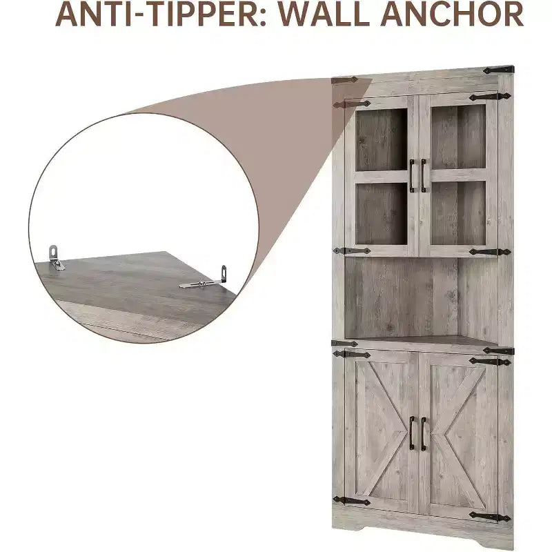 Meuble d'angle de 170 cm de haut avec porte vitrée, armoire d'angle autoportante en bois avec étagères réglables, design peu encombrant, pour salle de bain