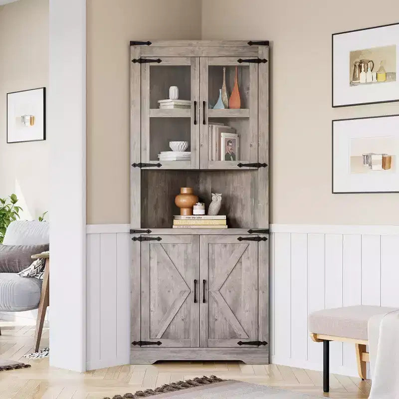 Meuble d'angle de 170 cm de haut avec porte vitrée, armoire d'angle autoportante en bois avec étagères réglables, design peu encombrant, pour salle de bain