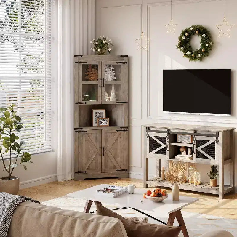 Meuble d'angle de 170 cm de haut avec porte vitrée, armoire d'angle autoportante en bois avec étagères réglables, design peu encombrant, pour salle de bain