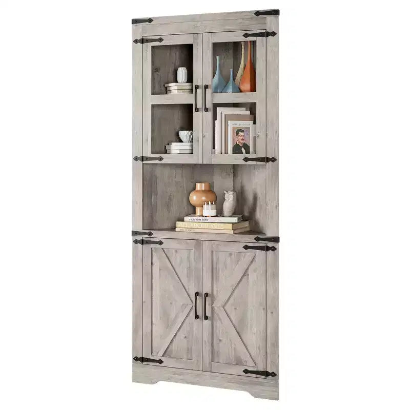 67 Inch Tall Corner Cabinet with Glass Door, Freestanding Wooden Corner Storage Cabinet with Adjustable Shelves, Space Saving Design, for Bathroom