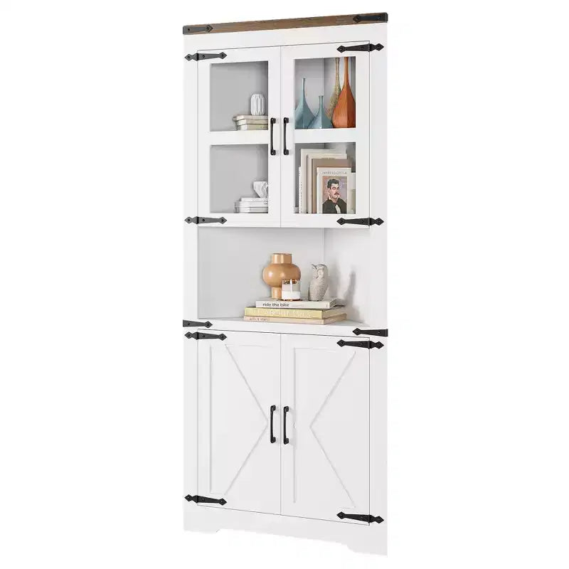Meuble d'angle de 170 cm de haut avec porte vitrée, armoire d'angle autoportante en bois avec étagères réglables, design peu encombrant, pour salle de bain