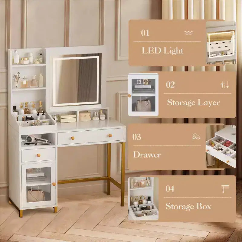 Vanity Desk with Lighted Mirror, Large Makeup Dressing Table with Power Outlet 2 Drawers 1 Cabinet and Open Storage Shelves for Bedroom Women Girls