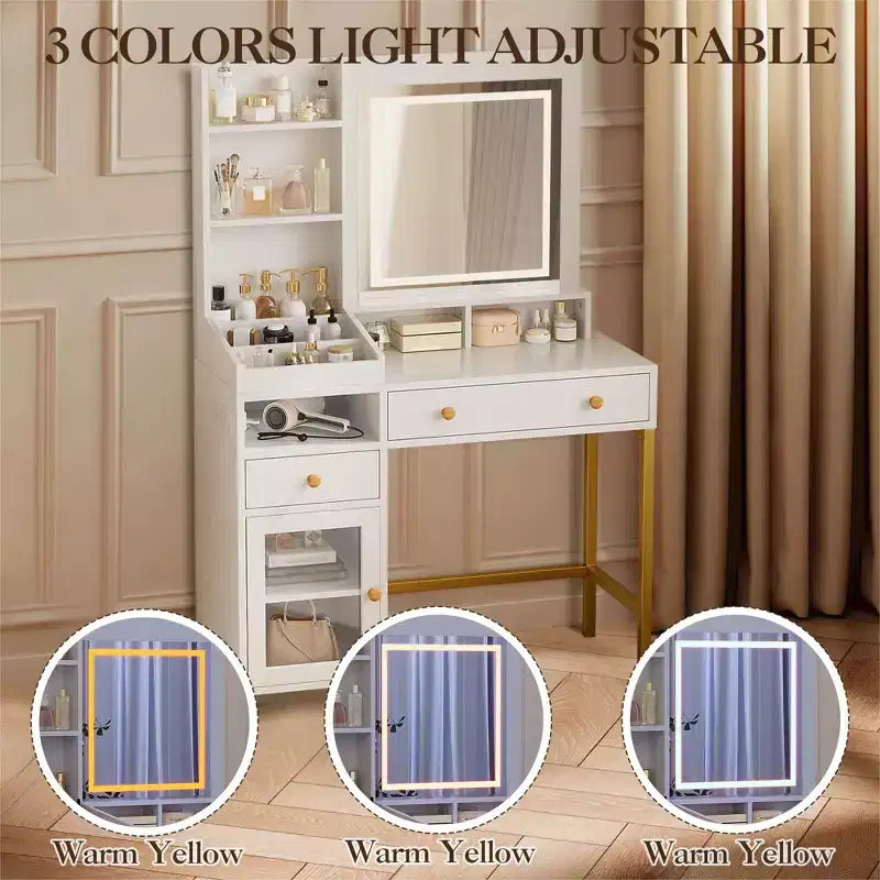 Vanity Desk with Lighted Mirror, Large Makeup Dressing Table with Power Outlet 2 Drawers 1 Cabinet and Open Storage Shelves for Bedroom Women Girls