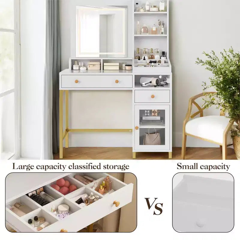 Vanity Desk with Lighted Mirror, Large Makeup Dressing Table with Power Outlet 2 Drawers 1 Cabinet and Open Storage Shelves for Bedroom Women Girls