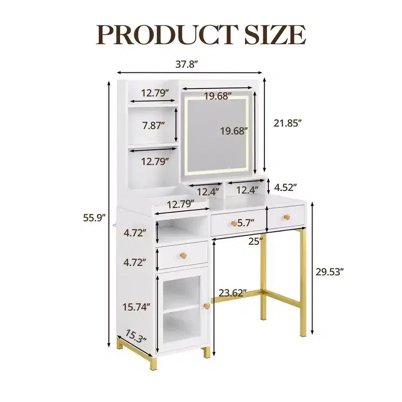 Vanity Desk with Lighted Mirror, Large Makeup Dressing Table with Power Outlet 2 Drawers 1 Cabinet and Open Storage Shelves for Bedroom Women Girls