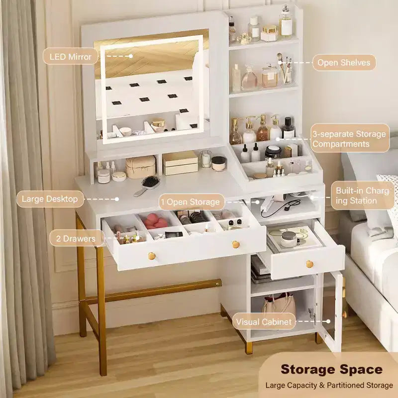 Vanity Desk with Lighted Mirror, Large Makeup Dressing Table with Power Outlet 2 Drawers 1 Cabinet and Open Storage Shelves for Bedroom Women Girls