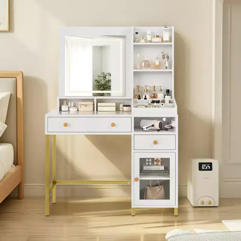 Vanity Desk with Lighted Mirror, Large Makeup Dressing Table with Power Outlet 2 Drawers 1 Cabinet and Open Storage Shelves for Bedroom Women Girls