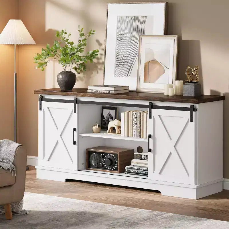 59 Farmhouse TV Stand for TVs Up to 65, Entertainment Center with Sliding Barn Doors, Adjustable Shelves, Media Console for Living Room, Bedroom