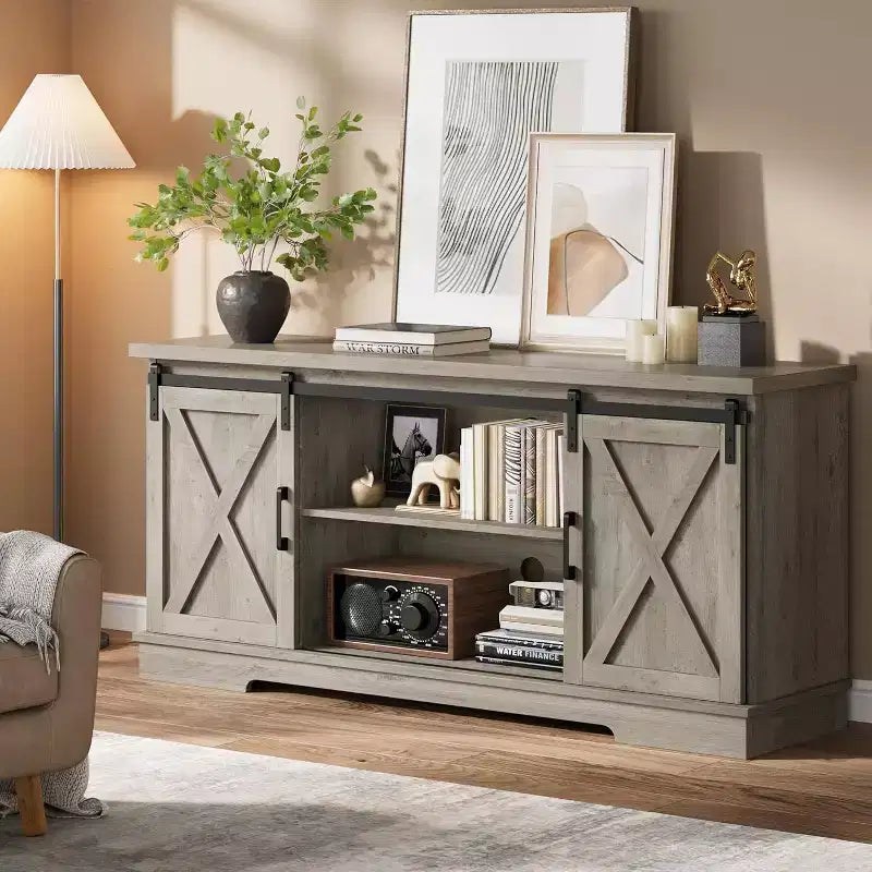 59 Farmhouse TV Stand for TVs Up to 65, Entertainment Center with Sliding Barn Doors, Adjustable Shelves, Media Console for Living Room, Bedroom