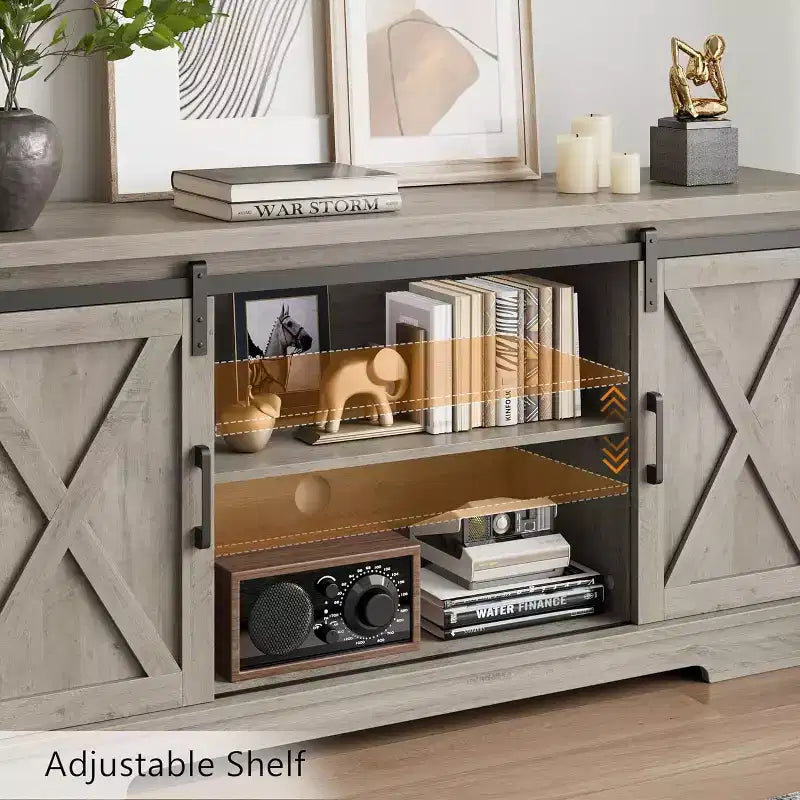 59 Farmhouse TV Stand for TVs Up to 65, Entertainment Center with Sliding Barn Doors, Adjustable Shelves, Media Console for Living Room, Bedroom
