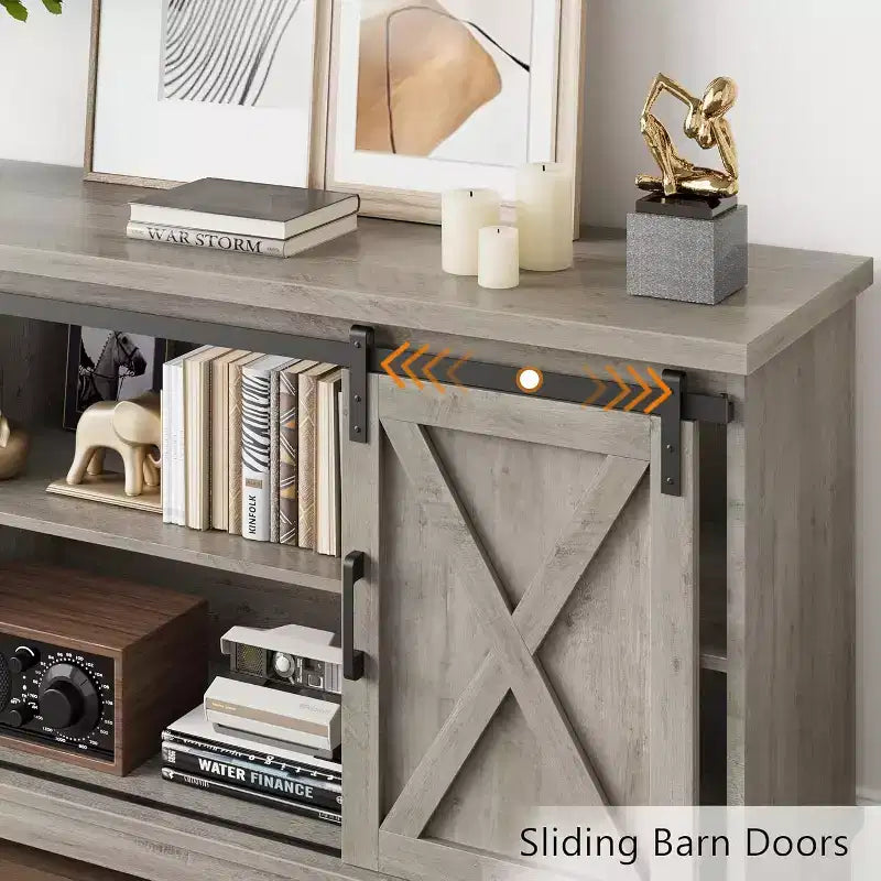 59 Farmhouse TV Stand for TVs Up to 65, Entertainment Center with Sliding Barn Doors, Adjustable Shelves, Media Console for Living Room, Bedroom