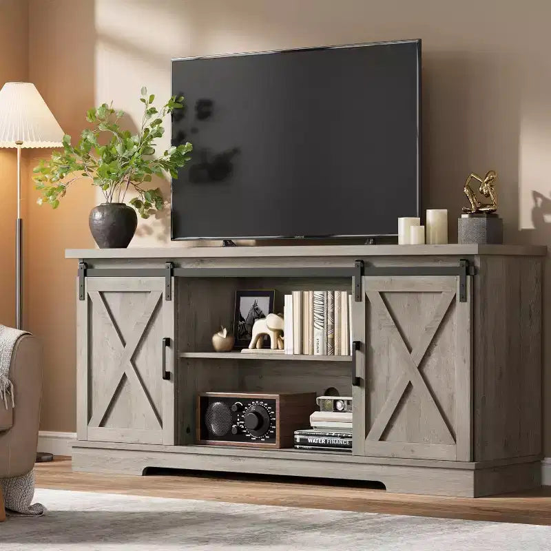 59 Farmhouse TV Stand for TVs Up to 65, Entertainment Center with Sliding Barn Doors, Adjustable Shelves, Media Console for Living Room, Bedroom