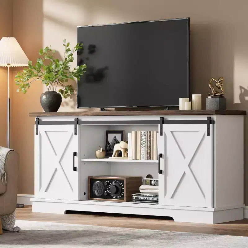 59 Farmhouse TV Stand for TVs Up to 65, Entertainment Center with Sliding Barn Doors, Adjustable Shelves, Media Console for Living Room, Bedroom