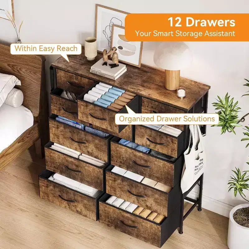 12-Drawer Dresser for Bedroom, Fabric Storage Dresser for Bedroom, Living Room, or Entryway