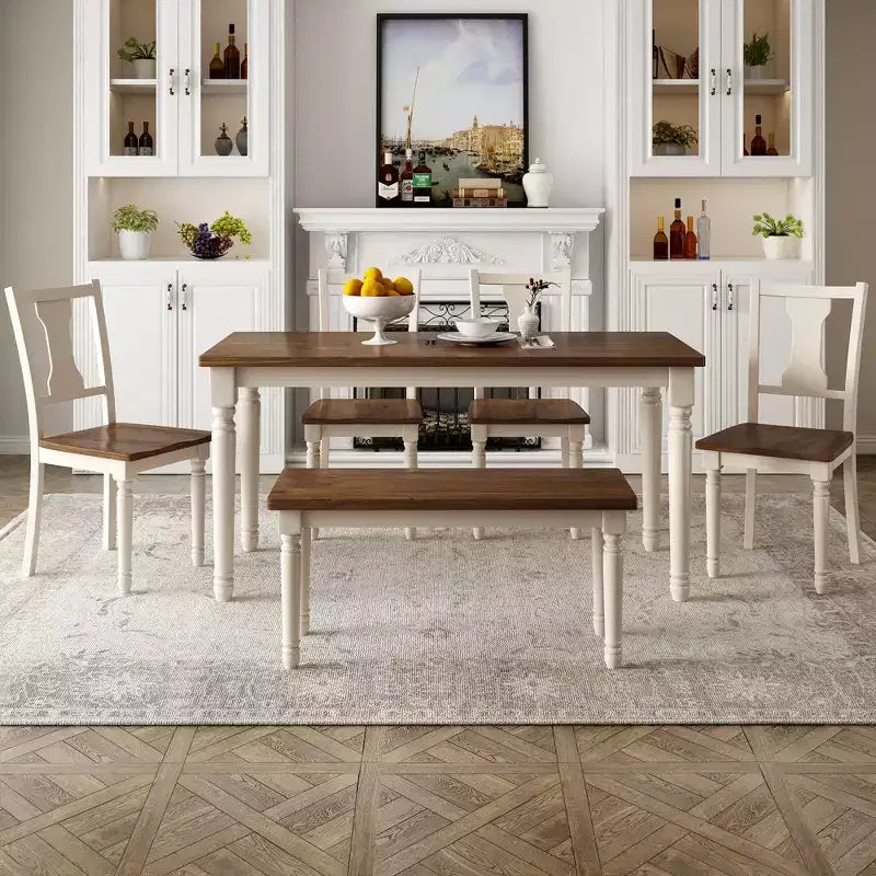 6 Pieces Dining Set Wooden Rectangle Table and 4 Chairs with Bench for Dining Room, Brown+Cottage White