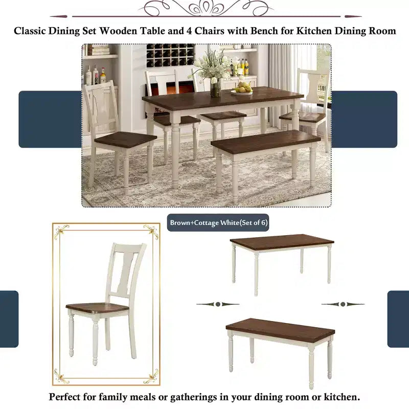 6 Pieces Dining Set Wooden Rectangle Table and 4 Chairs with Bench for Dining Room, Brown+Cottage White