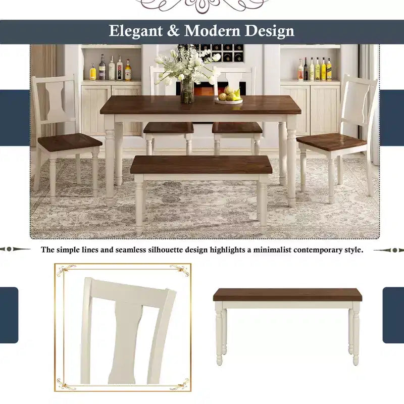 6 Pieces Dining Set Wooden Rectangle Table and 4 Chairs with Bench for Dining Room, Brown+Cottage White
