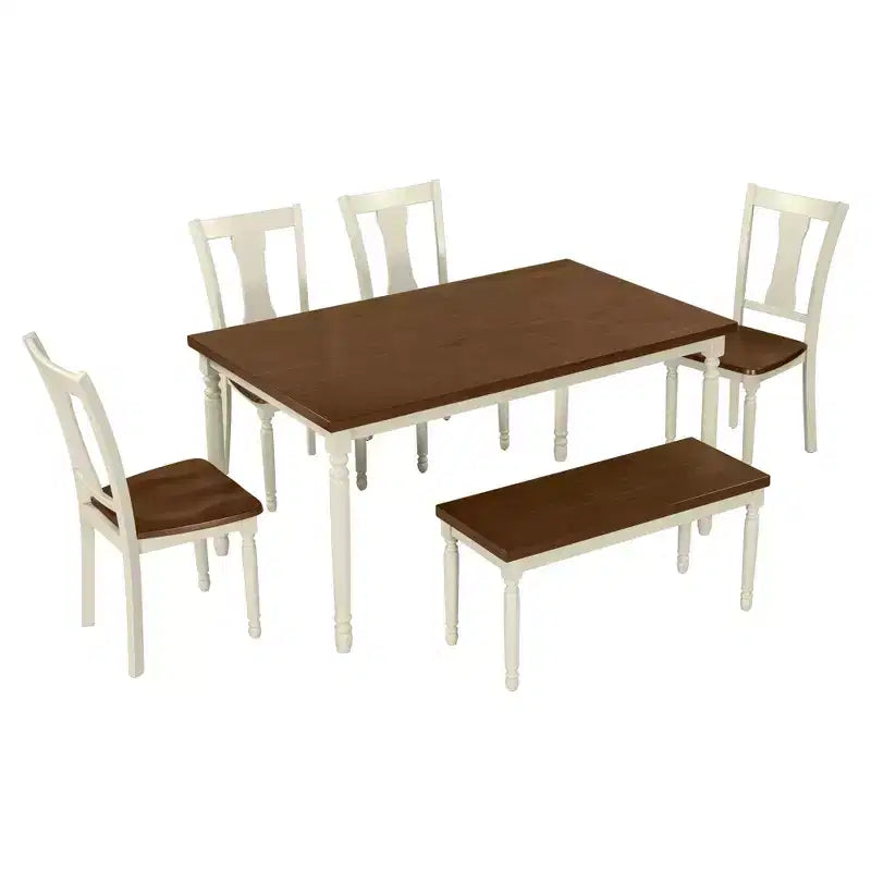 6 Pieces Dining Set Wooden Rectangle Table and 4 Chairs with Bench for Dining Room, Brown+Cottage White