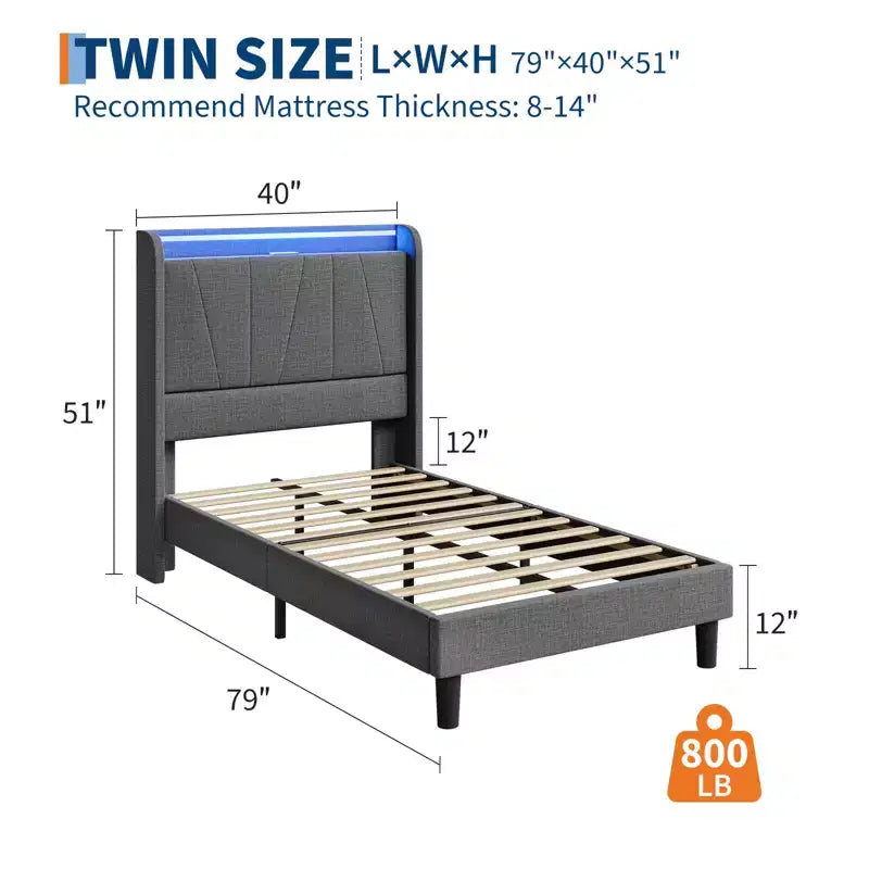 Twin/Full/Queen/King LED Bed Frame with Charging Station, Upholstered Platform Bed with Headboard, Under Bed Storage, Noise-Free