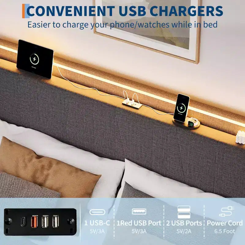 Twin/Full/Queen/King LED Bed Frame with Charging Station, Upholstered Platform Bed with Headboard, Under Bed Storage, Noise-Free