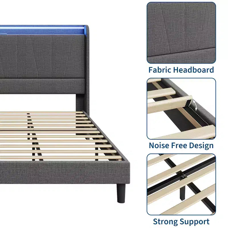 Twin/Full/Queen/King LED Bed Frame with Charging Station, Upholstered Platform Bed with Headboard, Under Bed Storage, Noise-Free