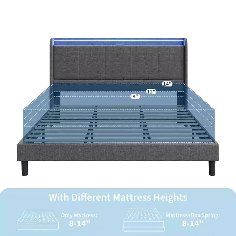 Twin/Full/Queen/King LED Bed Frame with Charging Station, Upholstered Platform Bed with Headboard, Under Bed Storage, Noise-Free