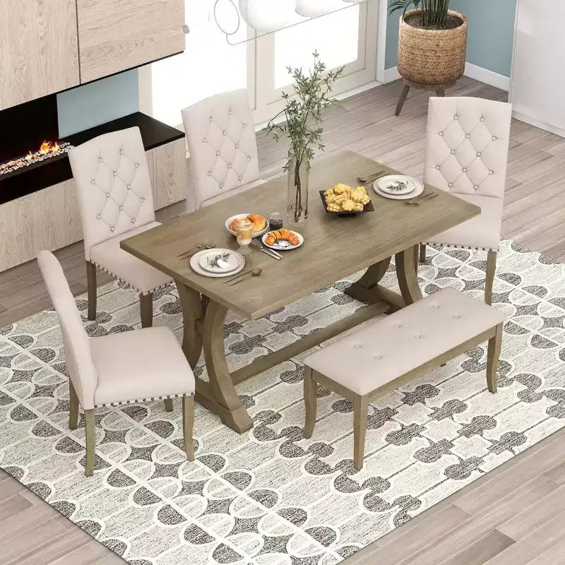 Ensemble de salle à manger de ferme 6 pièces, table rectangulaire en bois avec 4 chaises rembourrées et un banc