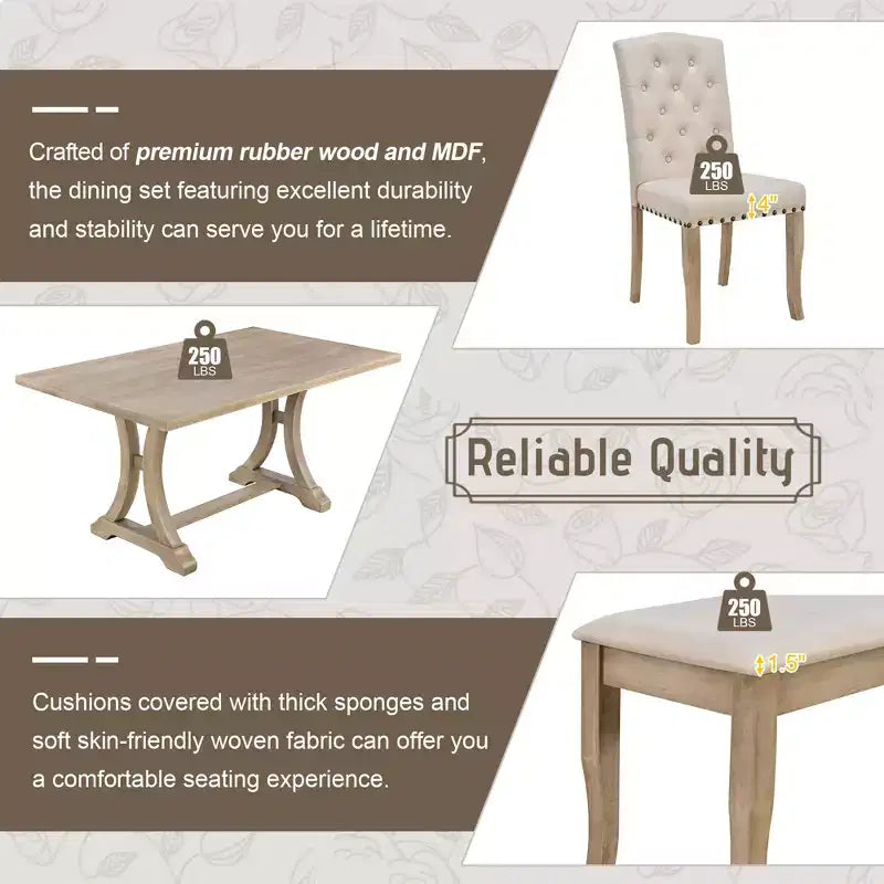Ensemble de salle à manger de ferme 6 pièces, table rectangulaire en bois avec 4 chaises rembourrées et un banc