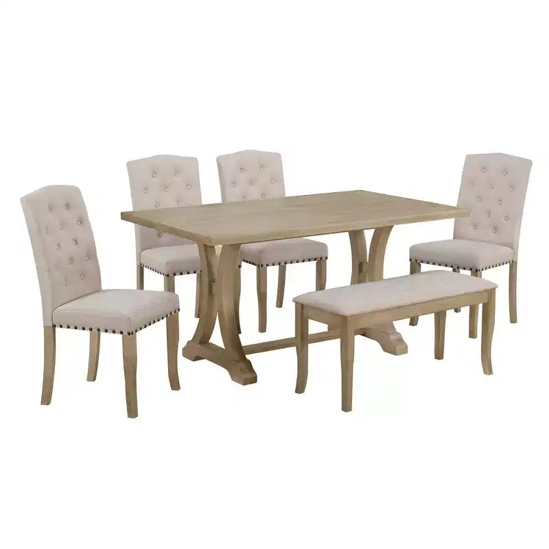 Ensemble de salle à manger de ferme 6 pièces, table rectangulaire en bois avec 4 chaises rembourrées et un banc