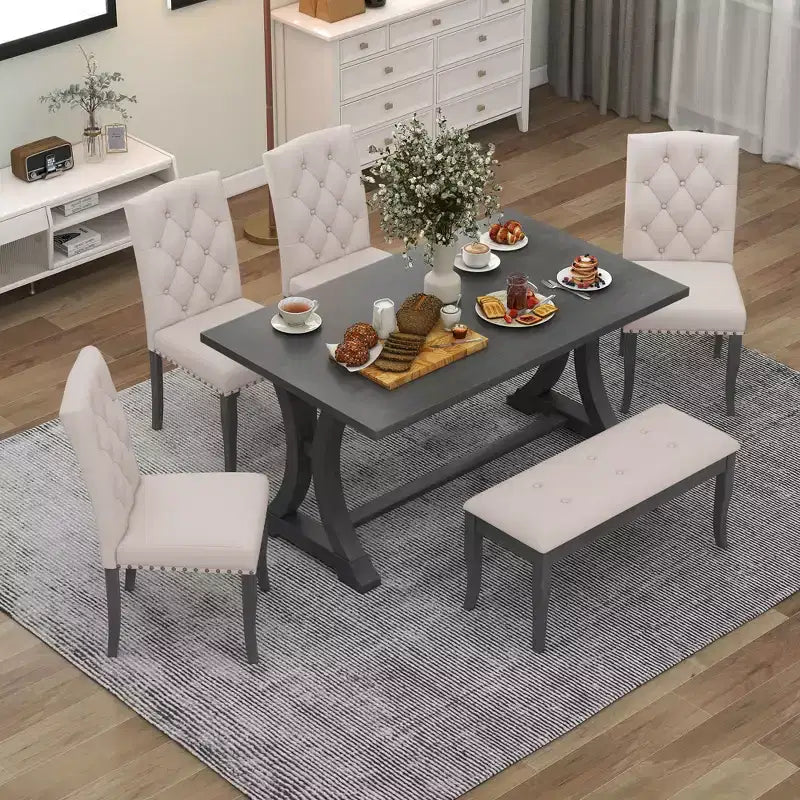 Ensemble de salle à manger de ferme 6 pièces, table rectangulaire en bois avec 4 chaises rembourrées et un banc