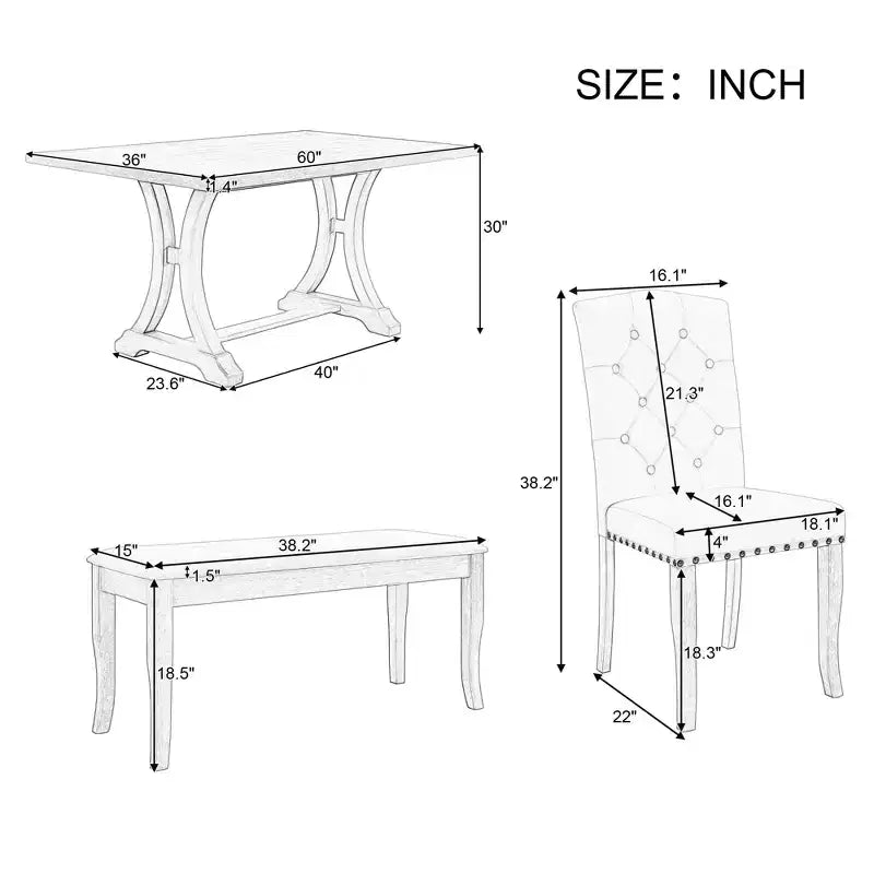 Ensemble de salle à manger de ferme 6 pièces, table rectangulaire en bois avec 4 chaises rembourrées et un banc