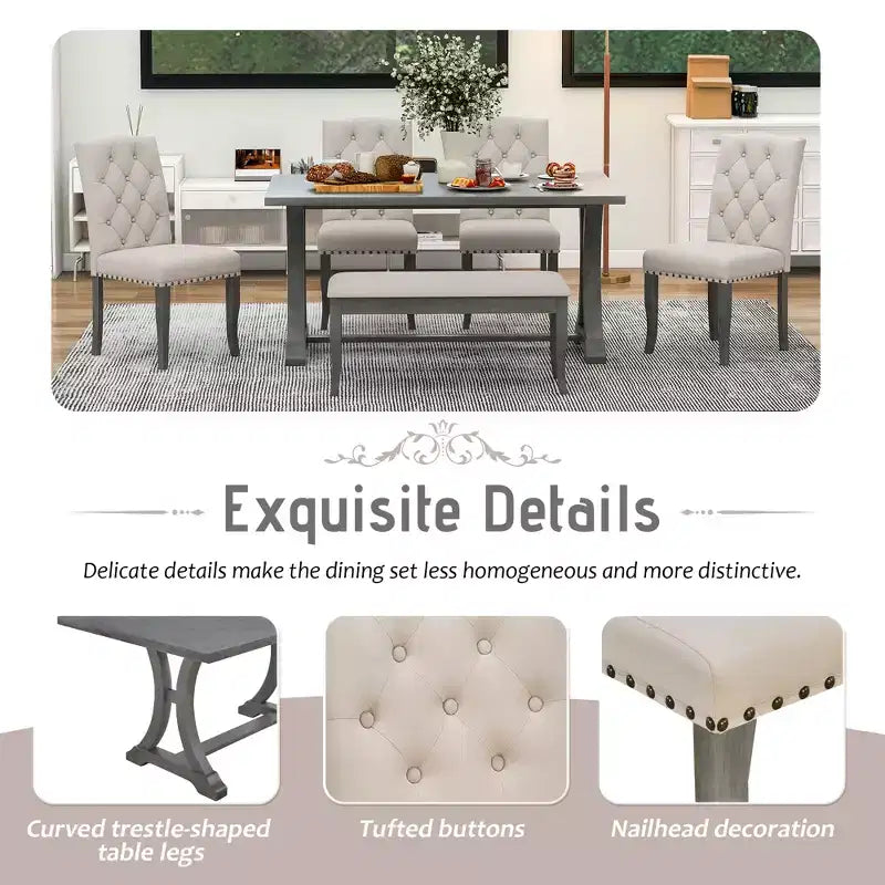 Ensemble de salle à manger de ferme 6 pièces, table rectangulaire en bois avec 4 chaises rembourrées et un banc