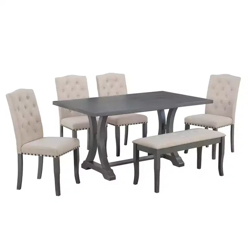 Ensemble de salle à manger de ferme 6 pièces, table rectangulaire en bois avec 4 chaises rembourrées et un banc