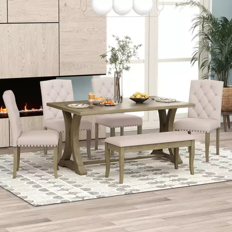 Ensemble de salle à manger de ferme 6 pièces, table rectangulaire en bois avec 4 chaises rembourrées et un banc