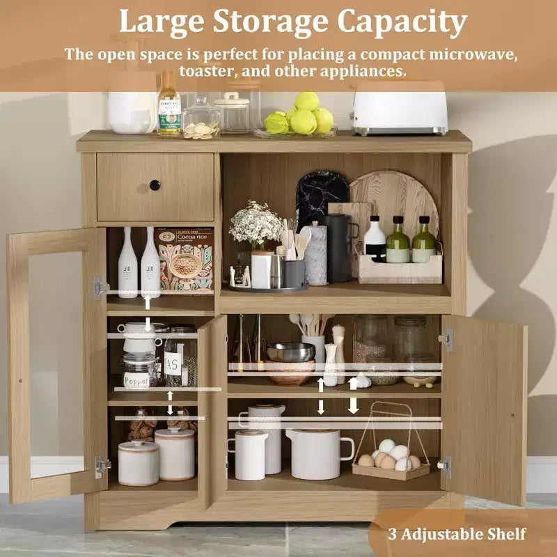 Kitchen Microwave Cabinets with Storage, Buffet Cabinet Sideboard with 3 Doors,1 Drawer and Adjustable Shelves, Pantry Storage Cabinet for Kitchen