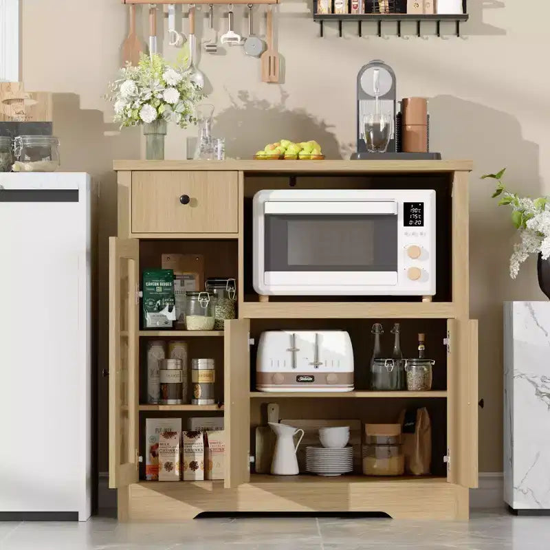 Kitchen Microwave Cabinets with Storage, Buffet Cabinet Sideboard with 3 Doors,1 Drawer and Adjustable Shelves, Pantry Storage Cabinet for Kitchen