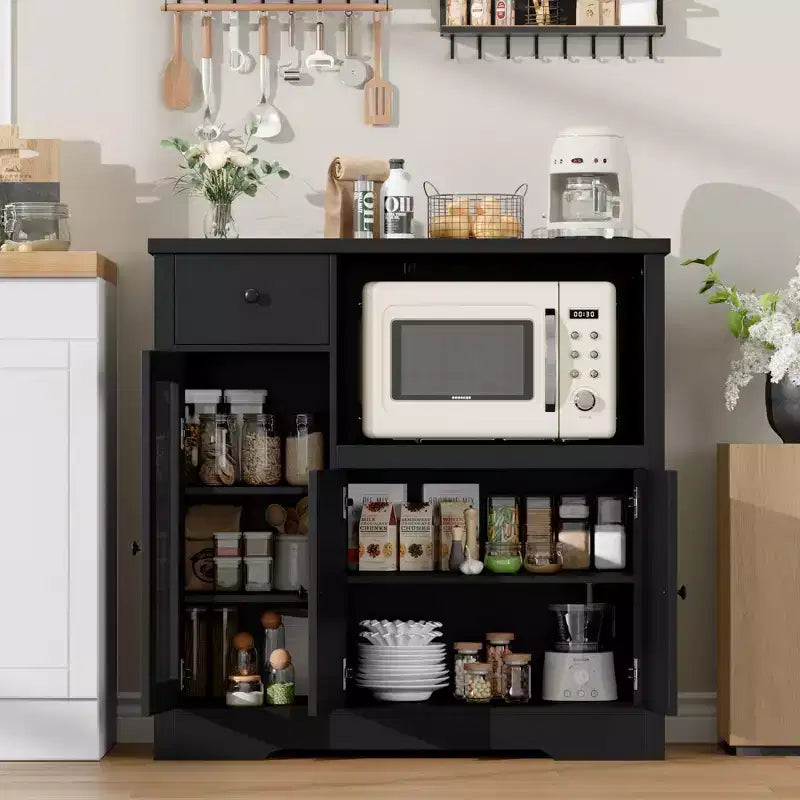 Kitchen Microwave Cabinets with Storage, Buffet Cabinet Sideboard with 3 Doors,1 Drawer and Adjustable Shelves, Pantry Storage Cabinet for Kitchen